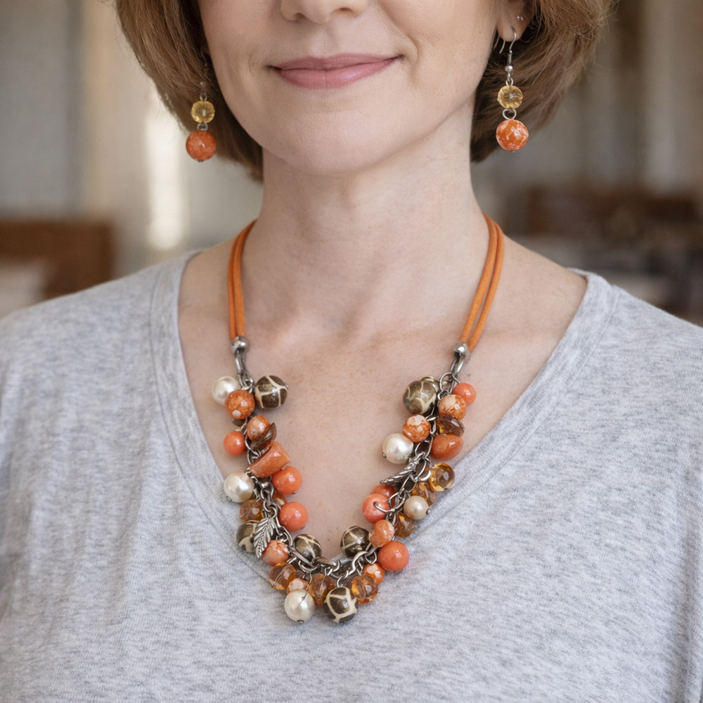 Joann She JS Beaded Necklace Earrings Set Orange Leather Animal Print 90s Classi